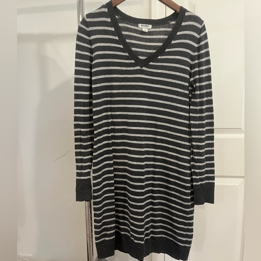 Old Navy Striped V-Neck Sweater Dress- Black and Gray